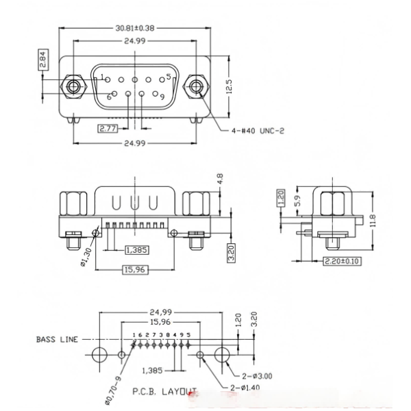 DB9 Male 9 Pins D-Sub Connector Right Angle PCB Mount with Screw Locking for RS232/RS485