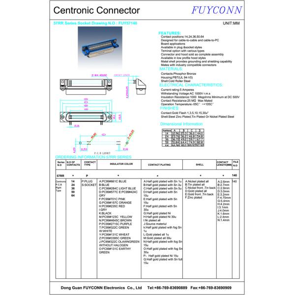 2.16mm pitch 24 Pin Centronic Plug Right Angle PCB 50pin Connector Certificated UL