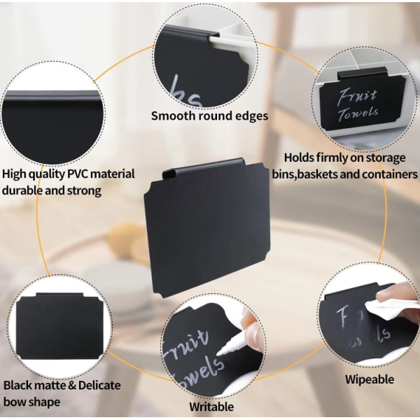 Custom Plastic Kitchen Pantry Basket Labels Clips With Holder Rewritable Removable Black Labels For Storage Bin