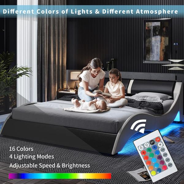 Upholstered Bed with PU Leather Headboard, PU Platform Bedframe with LED Lights