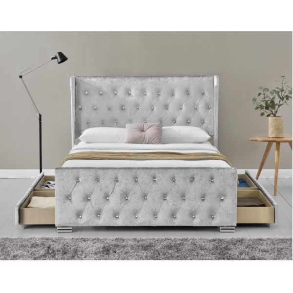 Tufted Storage Velevt Bed With LED Light And Diamand Buttons