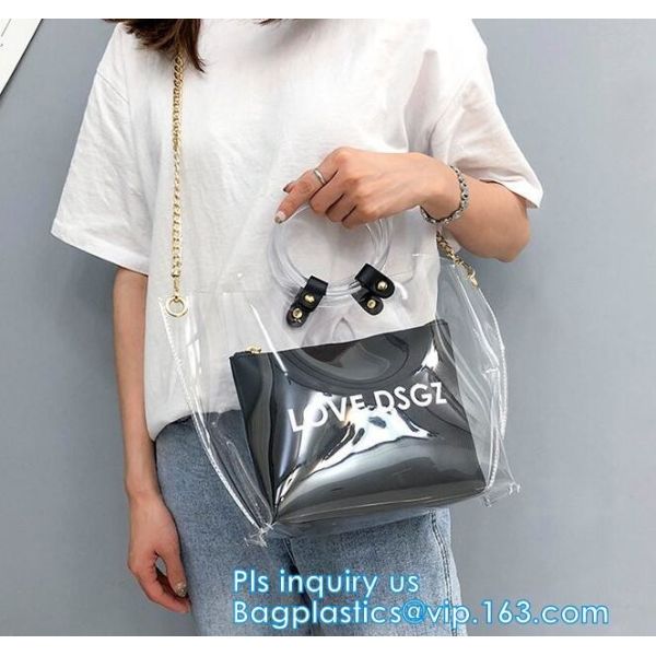 Promotional fashion soft pvc tote beach bag pvc handbag, handbag min min handbag for kids, Zipper Pocket Clear Beach Han