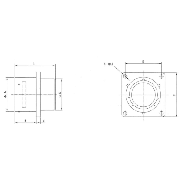 MS3112E Box Square Flange Receptacle technical diagram showing dimensions and configuration