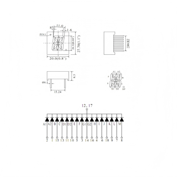 0.80 Inch 1 Digit 16 Segment LED Alphanumeric Display Digital Height 20.3mm Suitable for Electronic Devices and Instrument Panels
