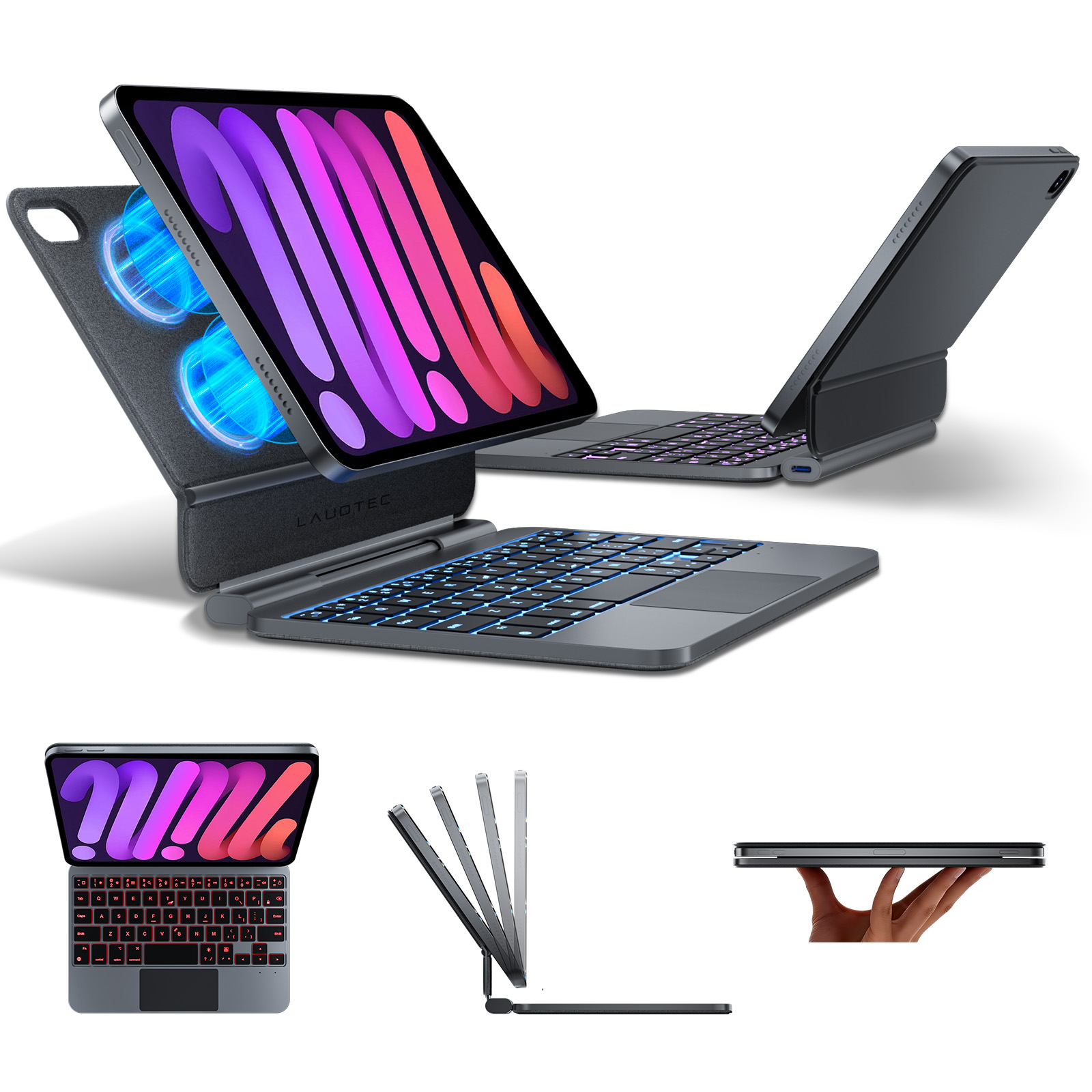 Wireless BT RGB Backlit Keyboard case with Touchpad for iPad Mini Rechargeable Keyboard Cover with Multi-Touch Trackpad OEM ODM
