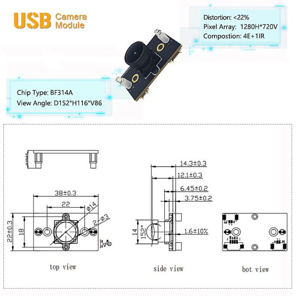 720p BF314A Sensor Fixed Focus USB2.0 Camera Module Wide Angle