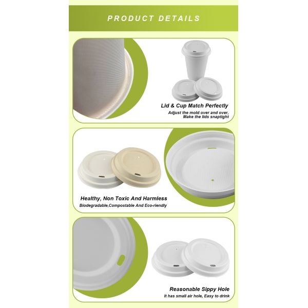 Custom Plants Coffee Cups Lids Made From Sugarcane Bagasse Pulp Withe PFAS-Free