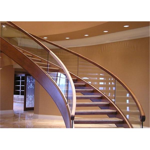Laminated Glass Tread Building Curved Staircase With Stainless Steel Post Railing