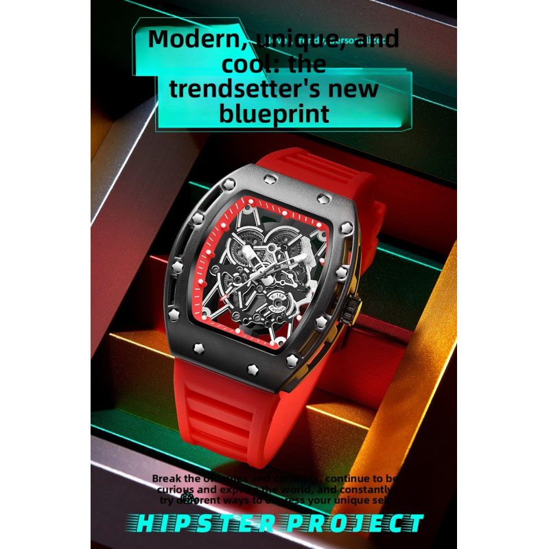 Luminous waterproof skeletonized quartz watch, barrel-shaped men's watch