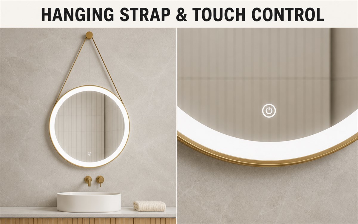 Round Aluminum Frame LED Bathroom Mirror With Hanging Leather Strap