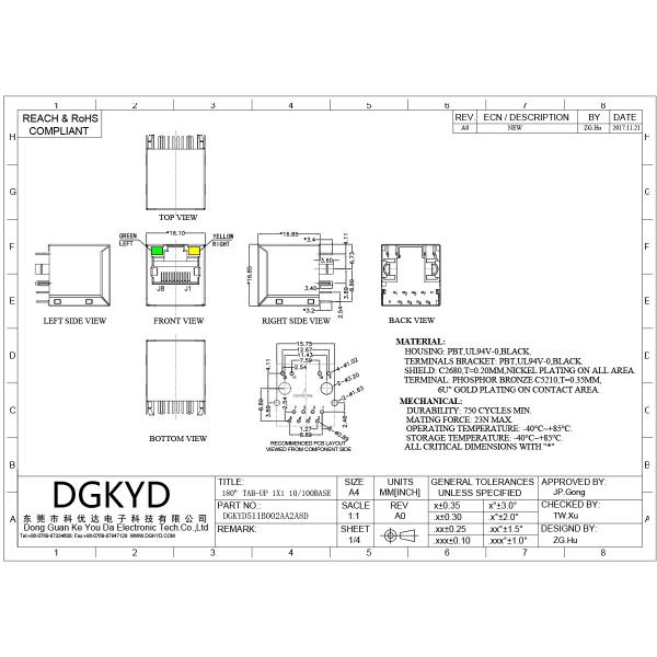 RJ45 Vertical Interface 180 Degree Network Connector 100MB Transformer DGKYD511B002AA2A8D
