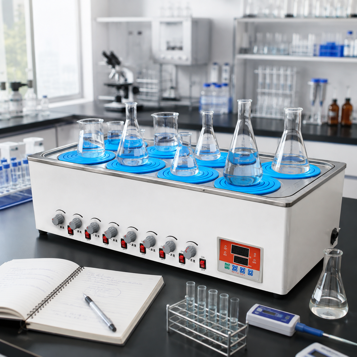 Pharma Lab Sample Preparation Precise Temperature Control 8-Position 100°C 1500W Stainless Steel Magnetic Stirring Water Bath