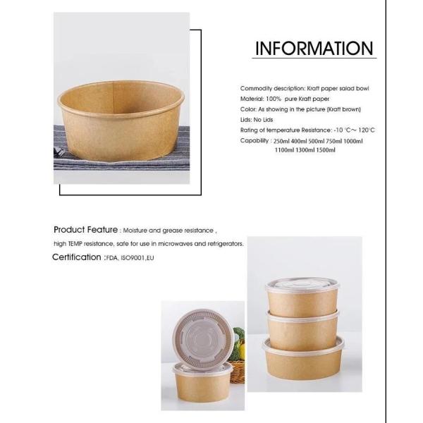 PLA PE Coating Kraft Paper Bowls 1000ml For Soup