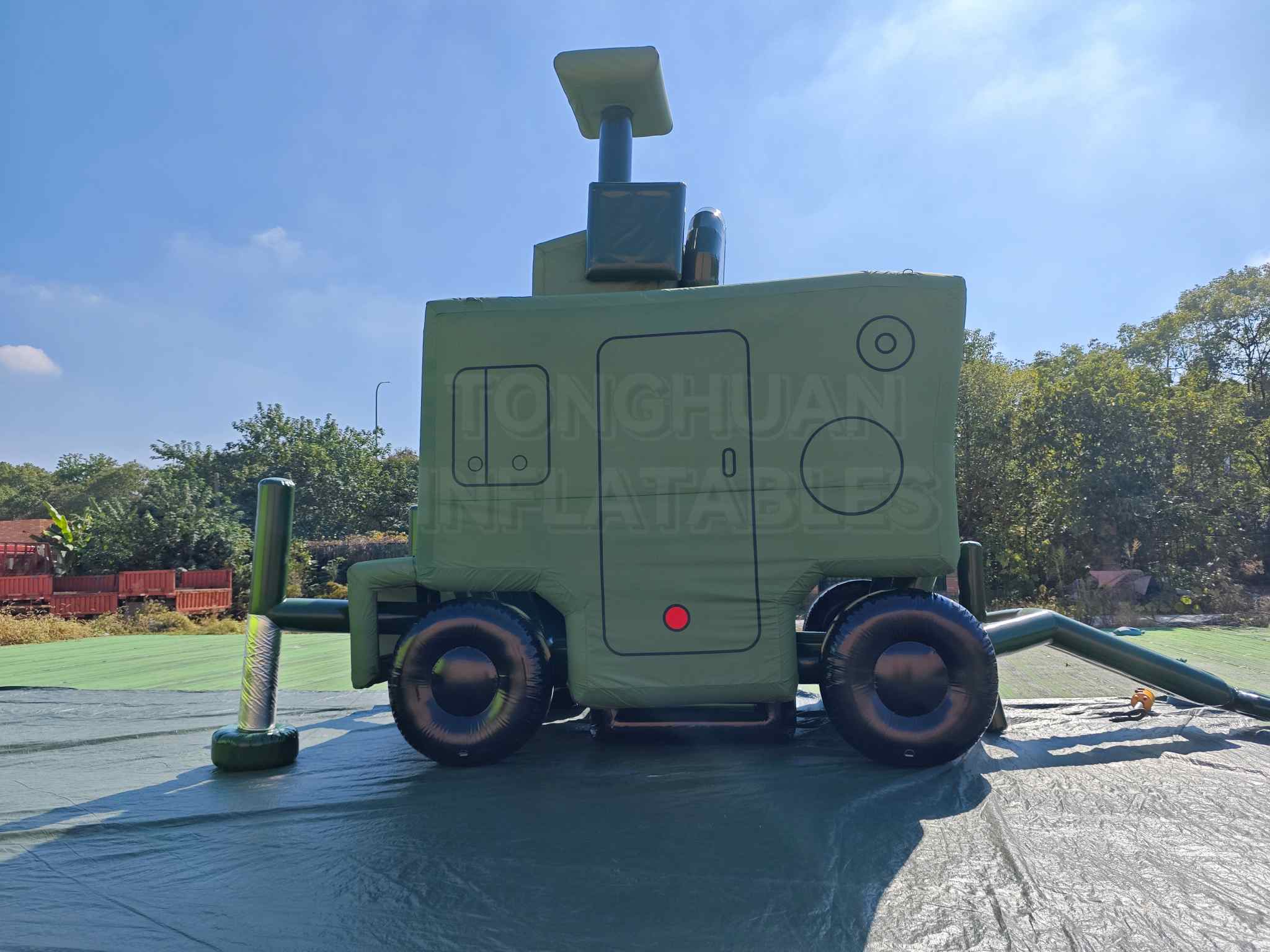 Custom Inflatable Radar Trailer Replica with Raised Antenna Mast Box Body Wheels and Tow Bar for Training Display Exhibition and Outdoor Simulation