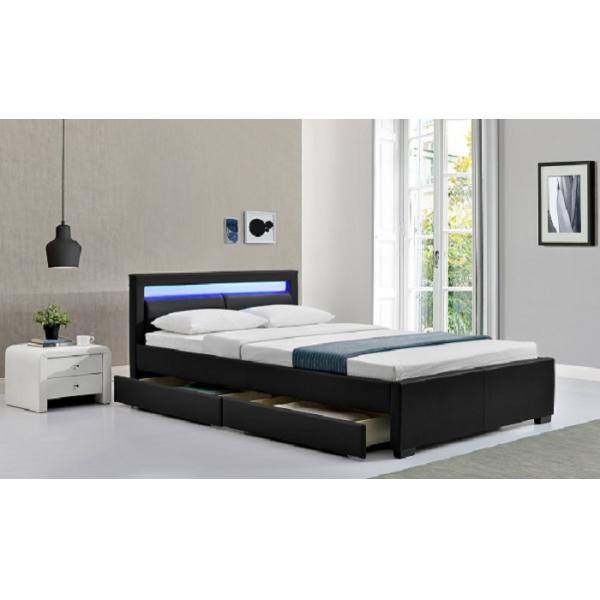 LED Bed Double Upholstered Faux Leather Slatted Frame With Box
