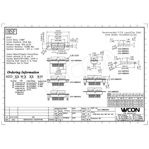 WCON 180° DIP Type D Sub Connector With Front Nut With Back Fork , DB25 Male