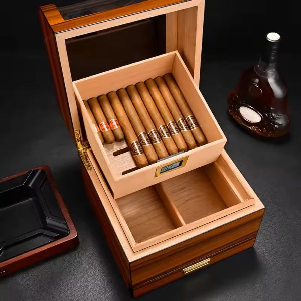 Custom High Glossy Cedar Wooden Cabinet Handmade Multi-function Cigar Storage Box With Humidifier and Hygrometer