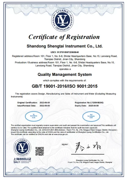 Shandong Shengtai instrument co.,ltd Certifications