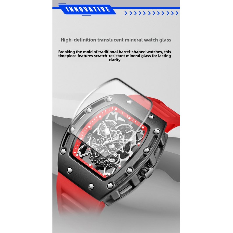 Luminous waterproof skeletonized quartz watch, barrel-shaped men's watch