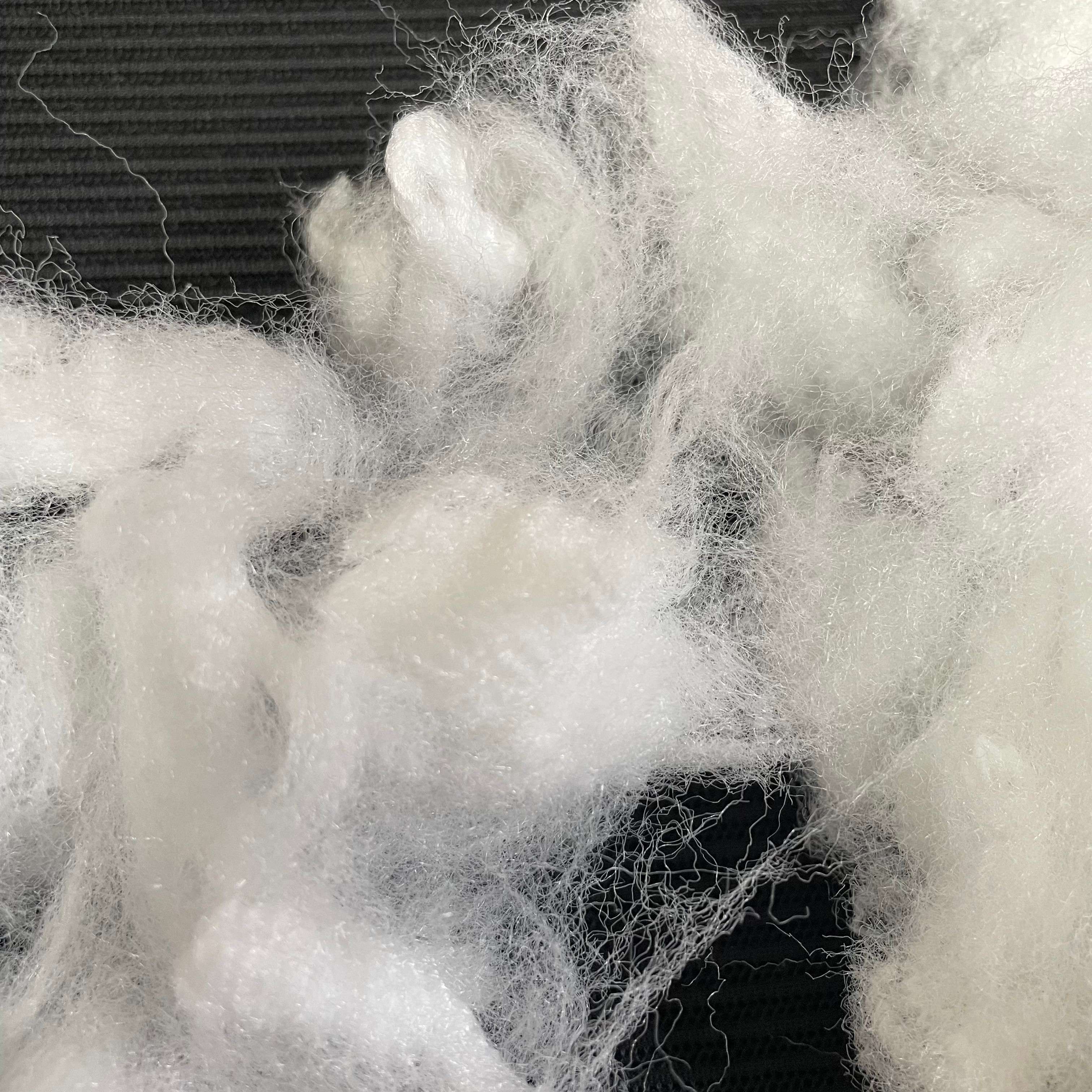 Close-up view of polyester fiber crimp structure
