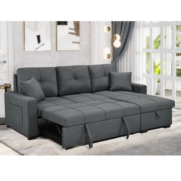 L-Shaped Reversible Sectional Sleeper Sofa with Pull-Out Bed and Storage, Neutral Gray Fabric