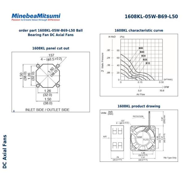 1608KL-05W-B69-L50 10.9CFM 24VDC Axial Bearing DC Fans 40x20mm