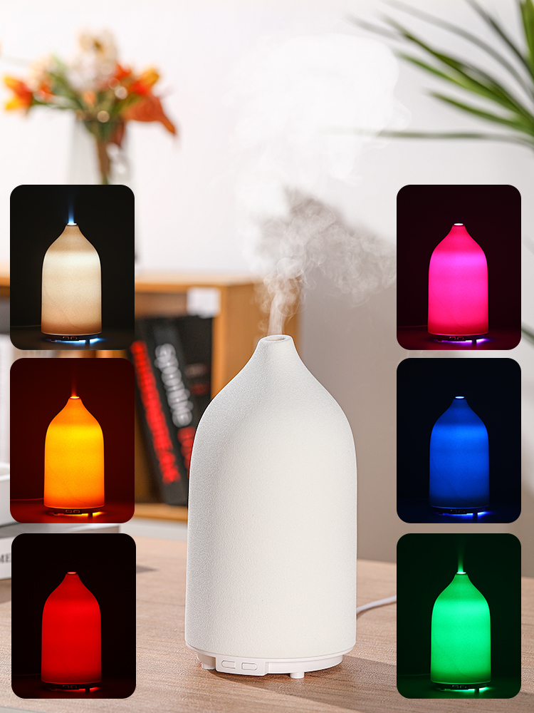 Ceramic Shell Aroma Diffuser with 3 Spray Modes, 2/4/8H Timer LED Indicator, Warm Yellow & 7-Color LED Lights