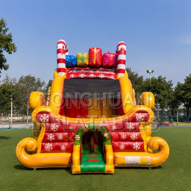 Large Christmas Theme Inflatable Slide with Sleigh Design and Holiday Decorations