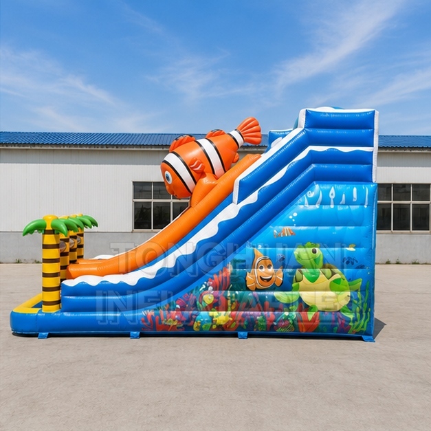 Ocean Theme Inflatable Water Slide with Clownfish Artwork for Kids Pools Resorts Parks and Rental Events