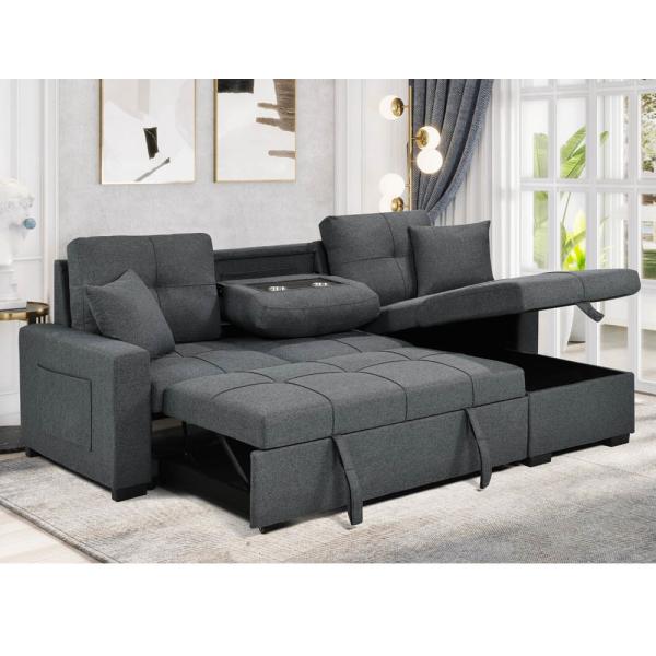 L-Shaped Reversible Sectional Sleeper Sofa with Pull-Out Bed and Storage, Neutral Gray Fabric
