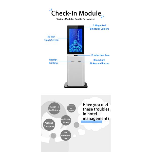 32 Inch Hotel Self Check-In Out Machine Android RK3288 Binocular Camera Receipt Printer Room Card Issuance Kiosk OEM
