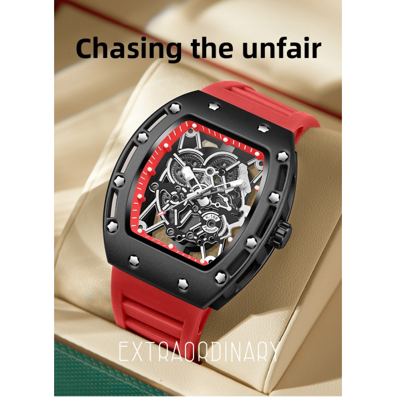 Luminous waterproof skeletonized quartz watch, barrel-shaped men's watch
