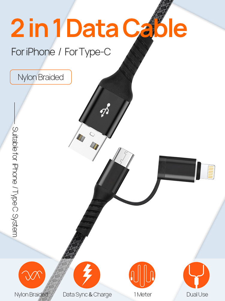 PD 18W Fast Charger 2 in 1 USB A to C+ Lightning Charge Cable USB Data Transmission