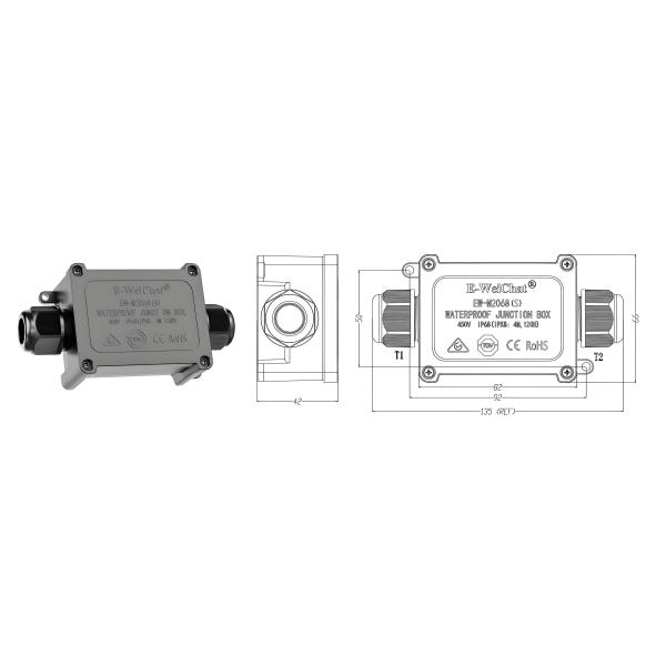 Waterproof Junction Box, 1-in 1-out IP68 with Cable Glands
