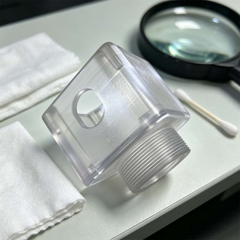 Custom CNC Machined Clear Acrylic Square Housing with Precision Milled Threads and High-Transparency for Flow Sensor Applications