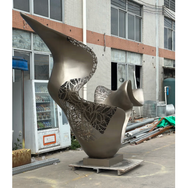 Laser Cut Leaf Pattern Abstract Metal Sculpture With Wave Design Modern Stainless Steel Art