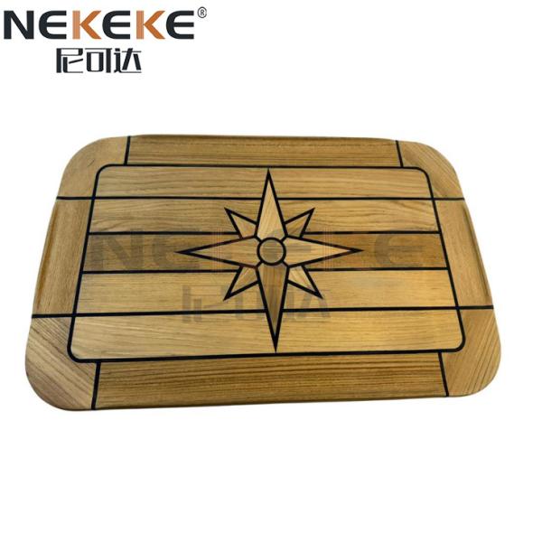 Close-up view of teak table top craftsmanship