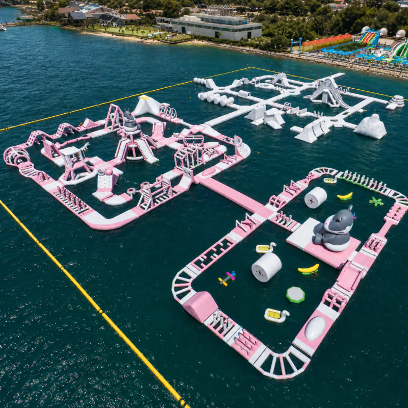 Floating Aqua Park Commercial Water Recreation System Custom PVC Inflatable Modules Jump Platforms Long Walkways Challenge Elements Resort Beach