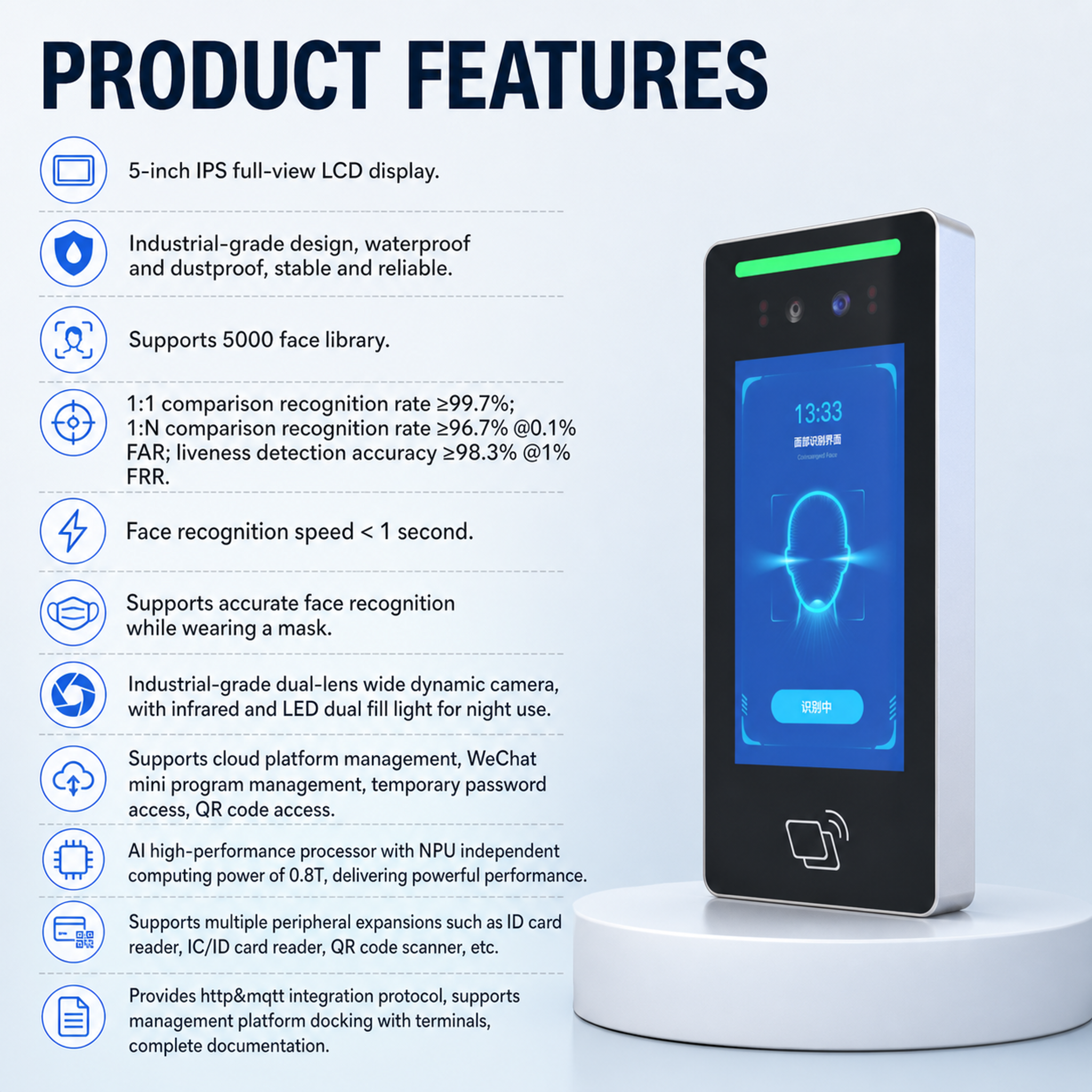 5" Face Recognition & RFID Card Access Control Time Attendance Wall-Mounted Terminal
