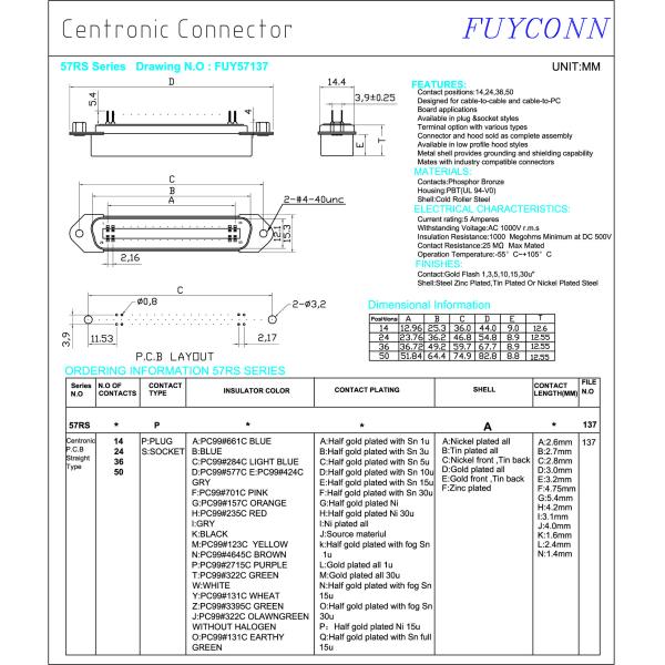 Champ PCB Straight Angle Plug 50 Pin Centronics Connector Certicified UL