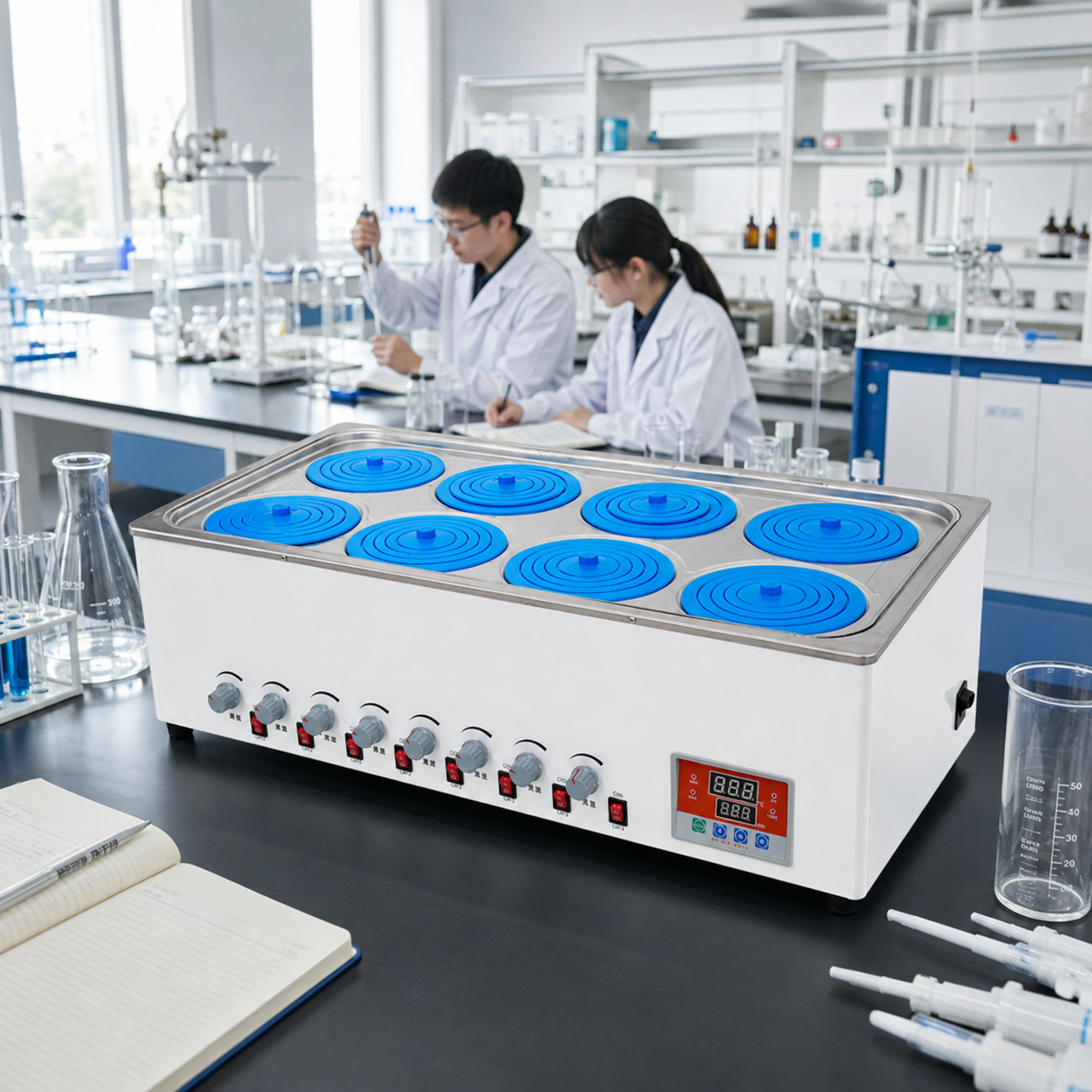 Pharma Lab Sample Preparation Precise Temperature Control 8-Position 100°C 1500W Stainless Steel Magnetic Stirring Water Bath