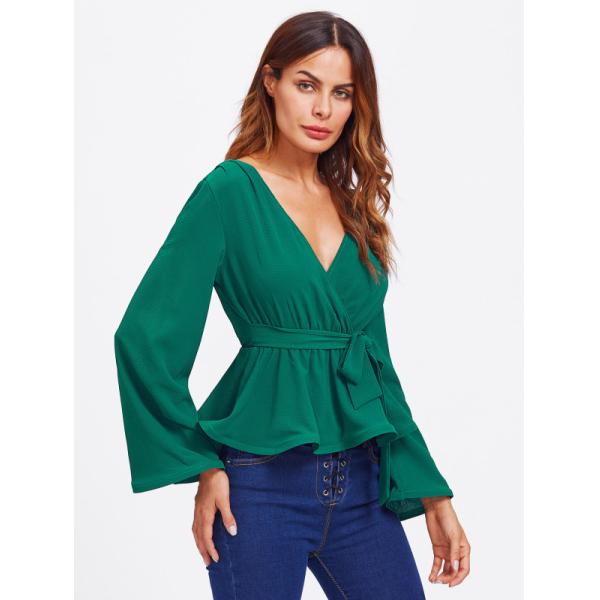 Bell Sleeve Wrap Blouse with Deep V Neck