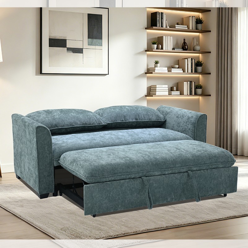 Queen Size Convertible Sleeper Sofa Bed, Comfortable Pull-Out Bed with Adjustable Backrest, Futon Sofa Bed, Teal Fabric
