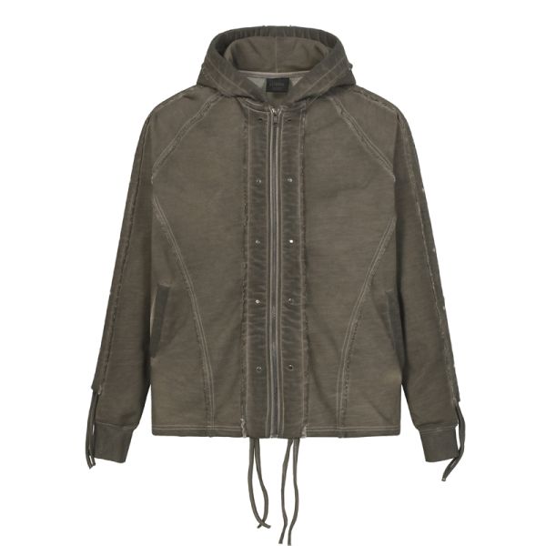 Washed Grey Zip-Up Hoodie Dark Grey Washed Varsity Jacket Men's Hooded Polyester/Cotton Vintage Windproof Breathable Winter