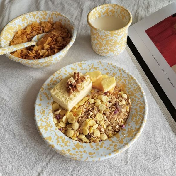 Outdoor Picnic Camping Kitchenware Tableware Colorful Speckle Coating Mug Plate Bowl Custom Enamel Ware Dinner Set