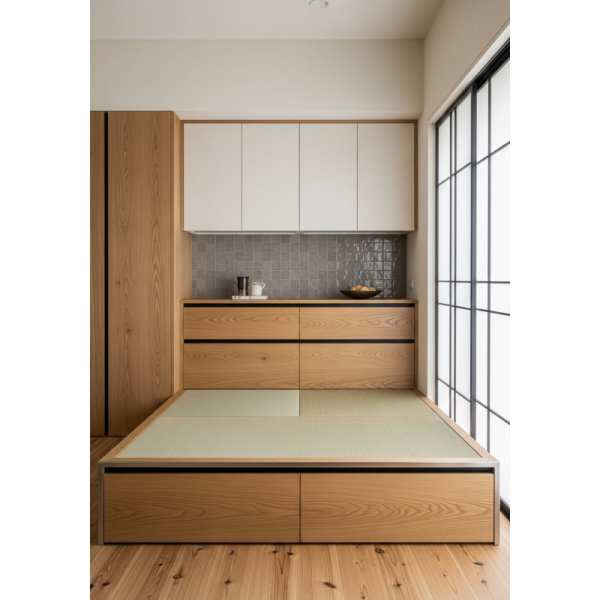 custom custom tatami bed with straight grain, warm honey tone, oiled matte surface, visible but restrained grain pattern and 304 stainless steel structure