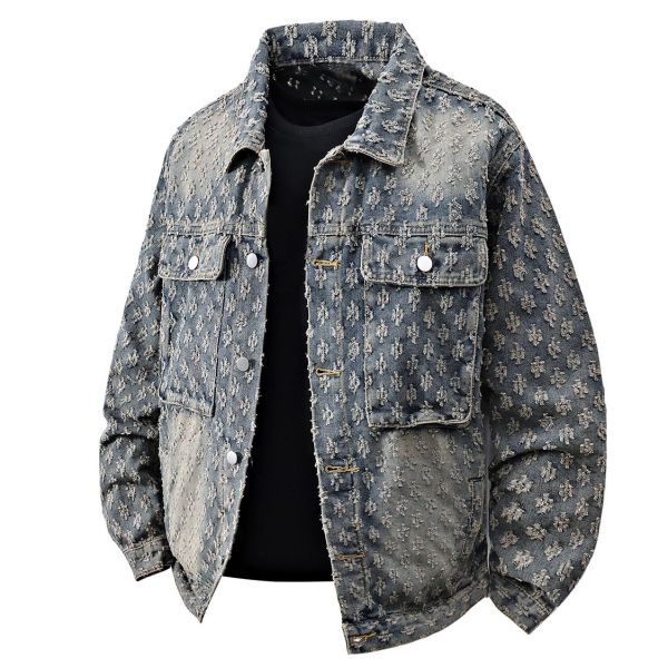 OEM Denim Jacket High Street Jacquard Embroidered Old Acid Wash Jean Men's Coat Loose Oversized Jogger Vintage Jacket for Men