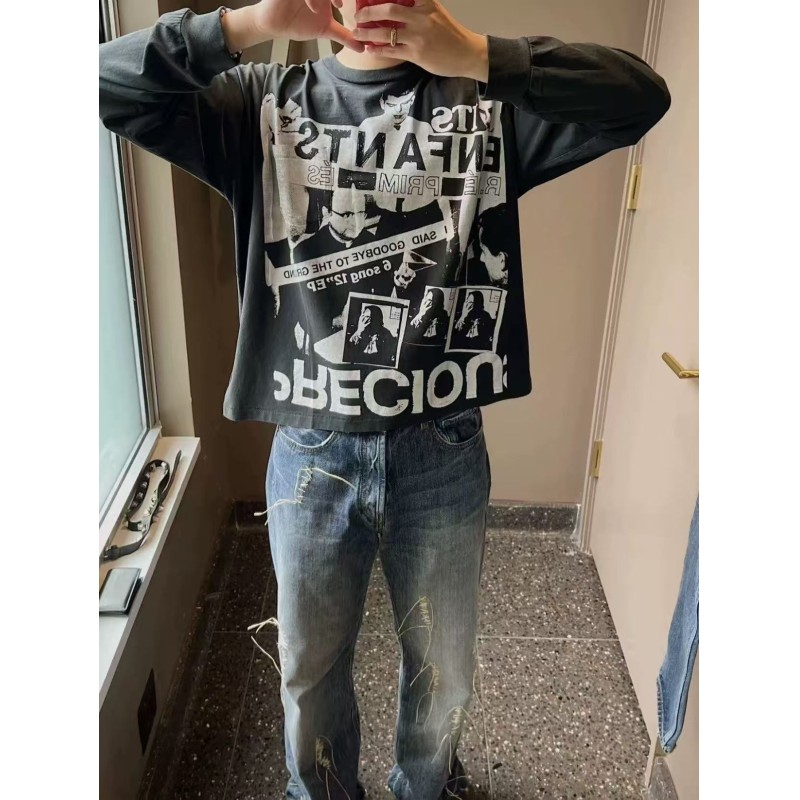 Factory Customized Cotton/Polyester 280g Washed Blank Vintage Breathable Rock Long Sleeve T-shirt Oversized Fit