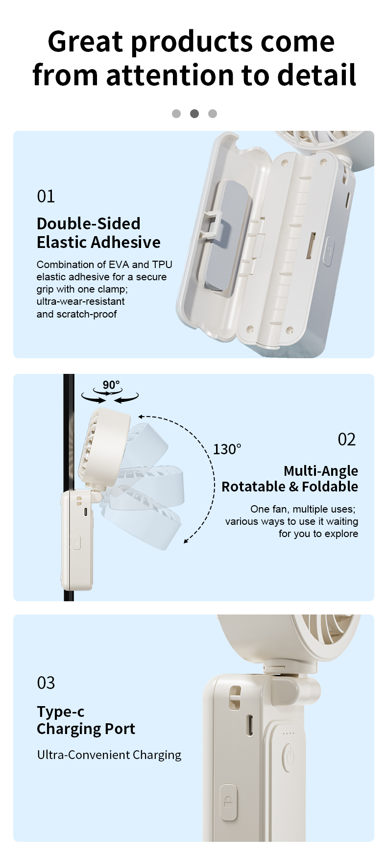 Wholesale Factory Direct Portable Fan Flexible Adjustable Angle Rechargeable Clip-on for Umbrella & Wearable Neck Design