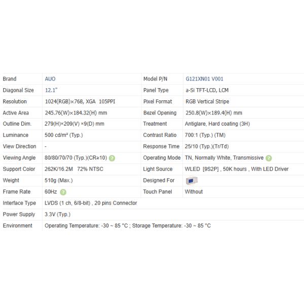 1024×768 Tft Display Module XGA G121XN01 V001 12.1 Inch Monitor 60Hz